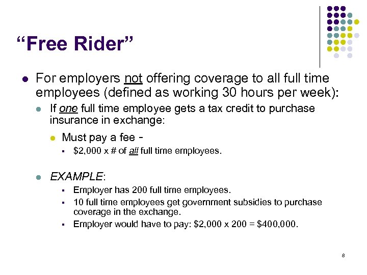 “Free Rider” l For employers not offering coverage to all full time employees (defined
