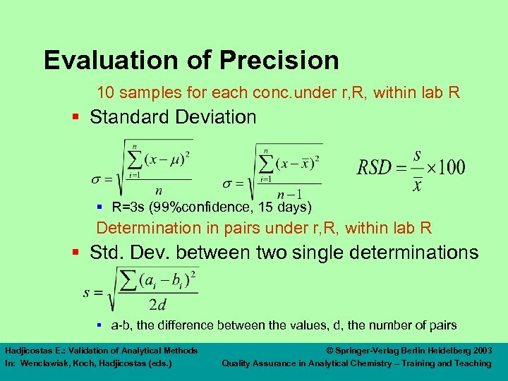 Evaluation of Precision 10 samples for each conc. under r, R, within lab R