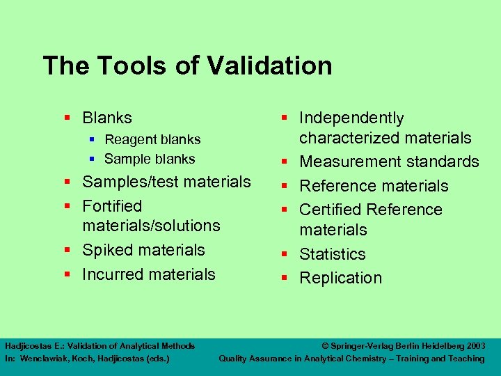 The Tools of Validation § Blanks § Reagent blanks § Samples/test materials § Fortified