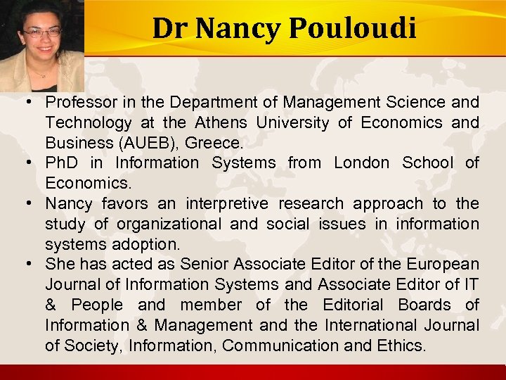 Dr Nancy Pouloudi • Professor in the Department of Management Science and Technology at