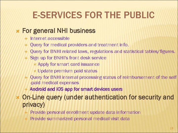 E-SERVICES FOR THE PUBLIC For general NHI business Internet accessible Query for medical providers