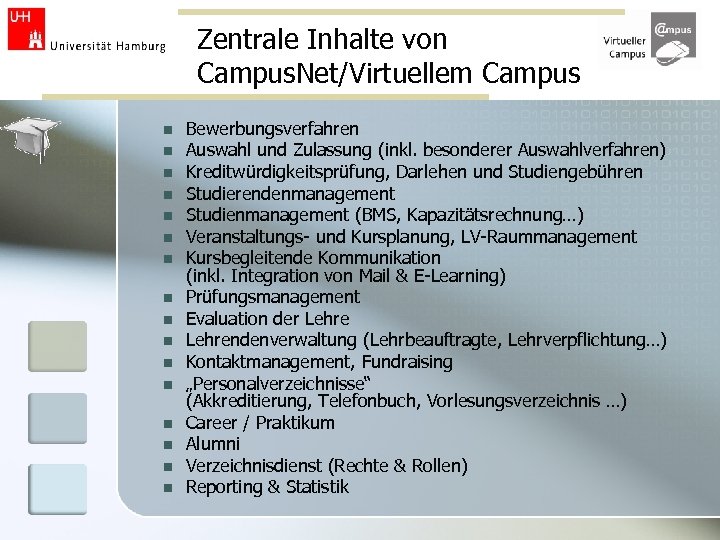 Zentrale Inhalte von Campus. Net/Virtuellem Campus n n n n Bewerbungsverfahren Auswahl und Zulassung