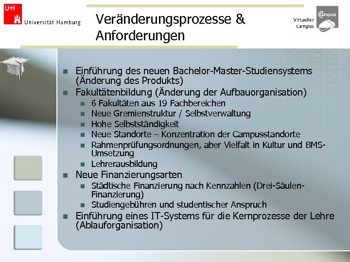 Veränderungsprozesse & Anforderungen n n Einführung des neuen Bachelor-Master-Studiensystems (Änderung des Produkts) Fakultätenbildung (Änderung