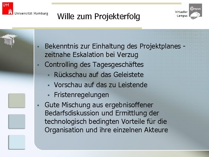 Wille zum Projekterfolg § § § Bekenntnis zur Einhaltung des Projektplanes zeitnahe Eskalation bei