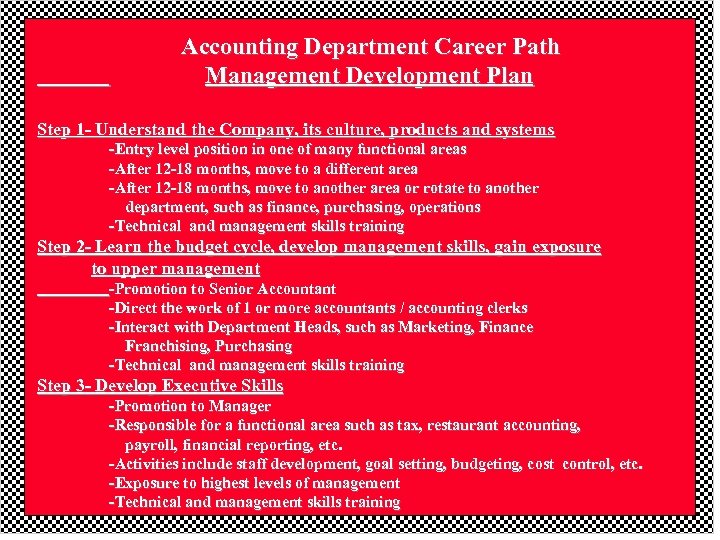 Accounting Department Career Path Management Development Plan Step 1 - Understand the Company, its