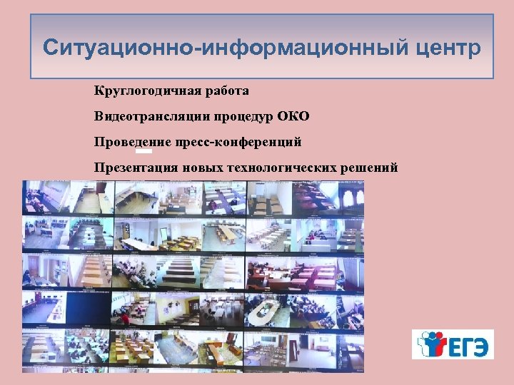 Ситуационно-информационный центр Круглогодичная работа Видеотрансляции процедур ОКО Проведение пресс-конференций Презентация новых технологических решений 
