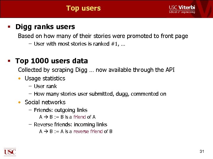 Top users § Digg ranks users Based on how many of their stories were