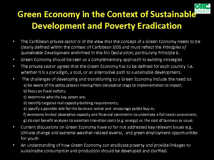 Green Economy in the Context of Sustainable Development and Poverty Eradication • • The