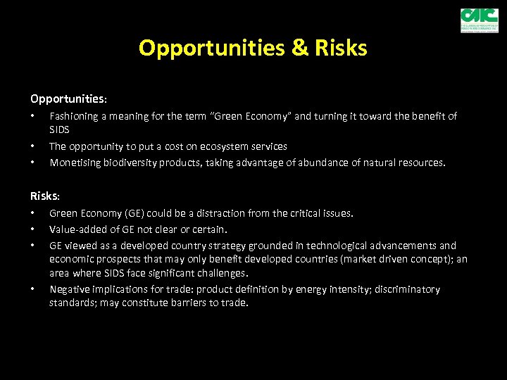 Opportunities & Risks Opportunities: • • • Fashioning a meaning for the term “Green