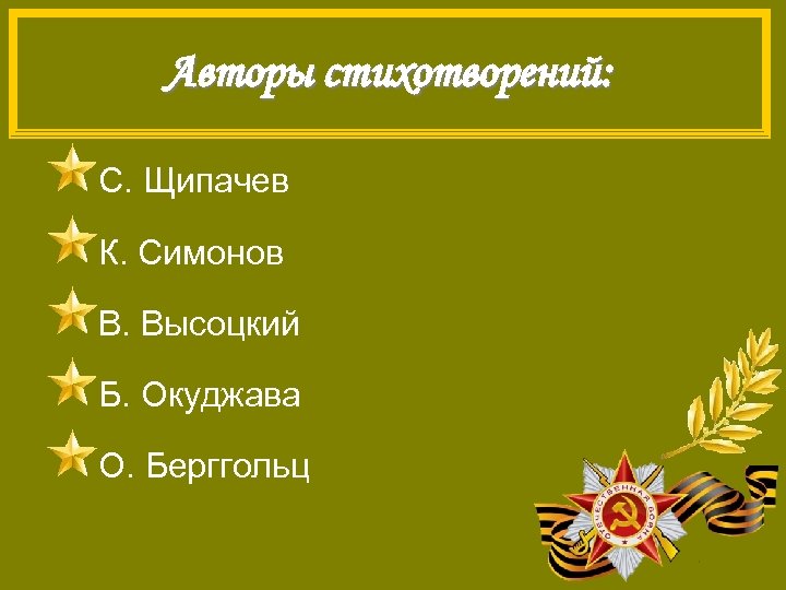 Авторы стихотворений: С. Щипачев К. Симонов В. Высоцкий Б. Окуджава О. Берггольц 