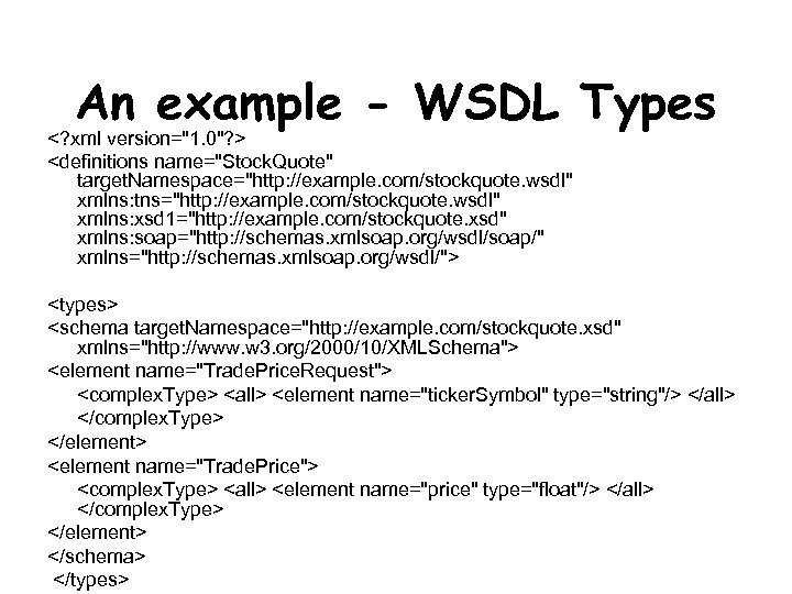 An example - WSDL Types <? xml version="1. 0"? > <definitions name="Stock. Quote" target.