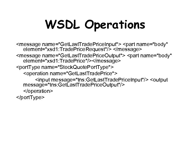 WSDL Operations <message name="Get. Last. Trade. Price. Input"> <part name="body" element="xsd 1: Trade. Price.
