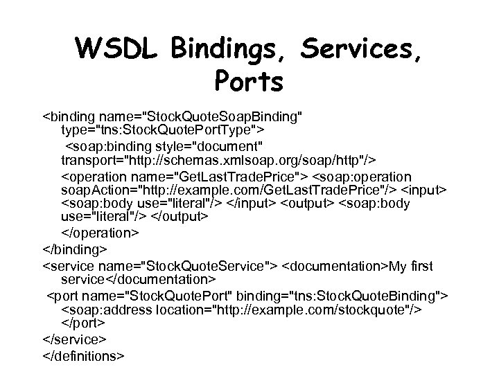 WSDL Bindings, Services, Ports <binding name="Stock. Quote. Soap. Binding" type="tns: Stock. Quote. Port. Type">