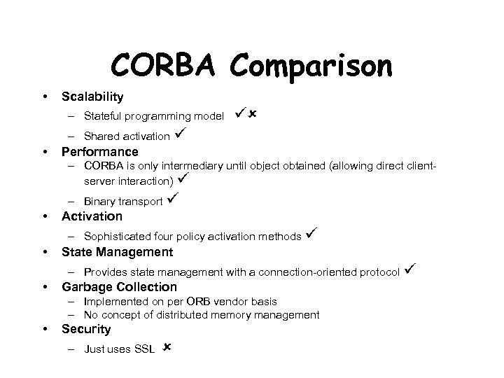 CORBA Comparison • Scalability – Stateful programming model – Shared activation • Performance –