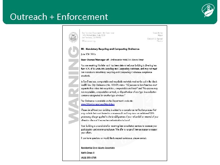 Outreach + Enforcement Text bold, when transparent over photo, white and aligned bottom, left