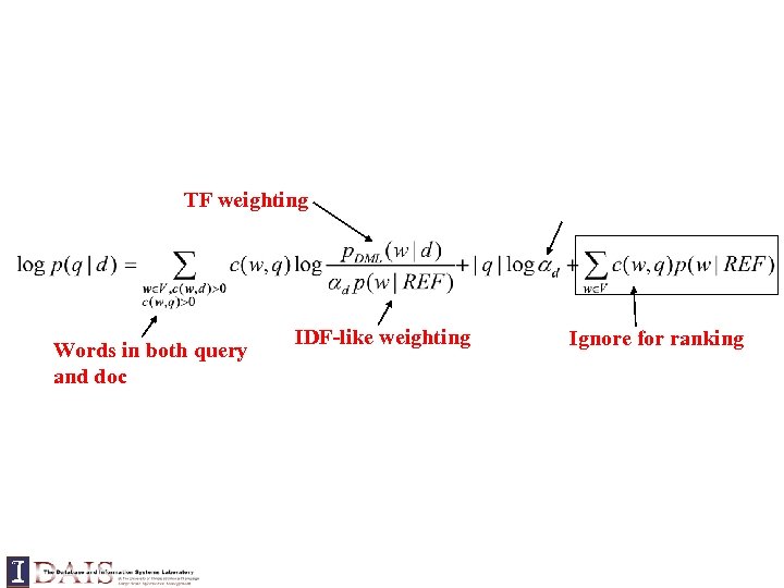 TF weighting Words in both query and doc IDF-like weighting Ignore for ranking 