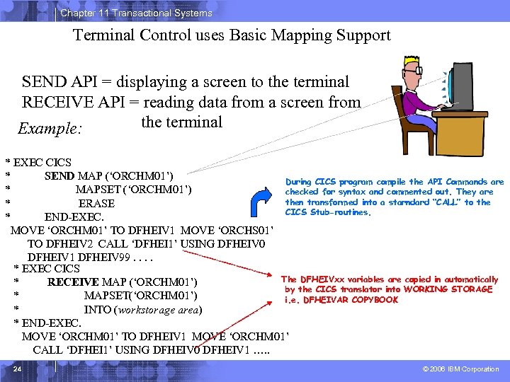 Chapter 11 Transactional Systems Terminal Control uses Basic Mapping Support SEND API = displaying