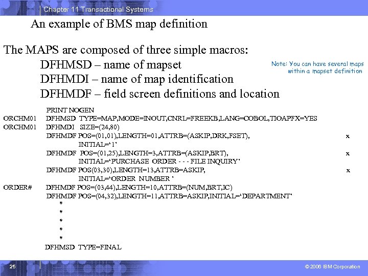 Chapter 11 Transactional Systems An example of BMS map definition The MAPS are composed