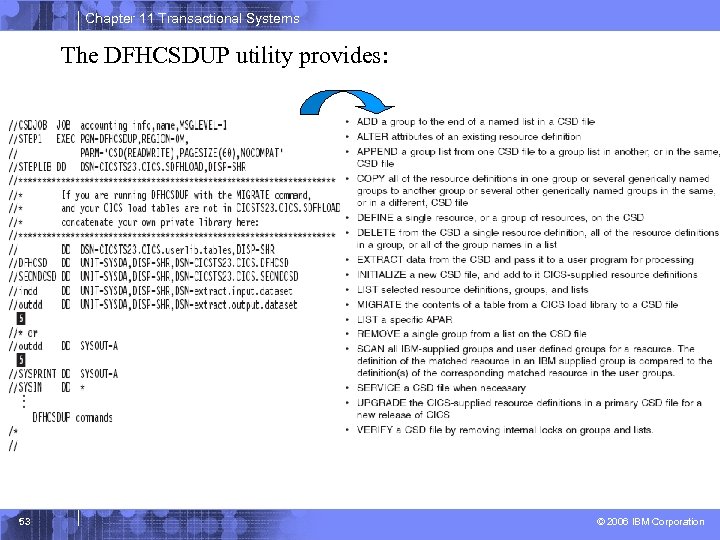 Chapter 11 Transactional Systems The DFHCSDUP utility provides: 53 © 2006 IBM Corporation 