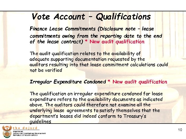 10 Vote Account – Qualifications Finance Lease Commitments (Disclosure note – lease commitments owing