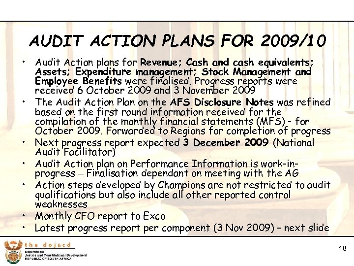 18 AUDIT ACTION PLANS FOR 2009/10 • Audit Action plans for Revenue; Cash and