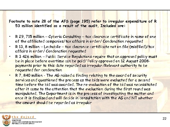22 Footnote to note 28 of the AFS (page 195) refer to irregular expenditure