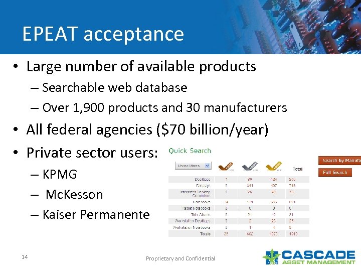 EPEAT acceptance • Large number of available products – Searchable web database – Over