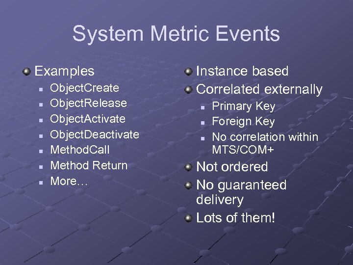 System Metric Events Examples n n n n Object. Create Object. Release Object. Activate