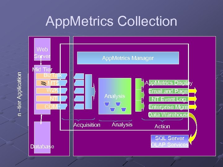 App. Metrics Collection n –tier Application Web Server App. Metrics Manager Mid Tier Biz.