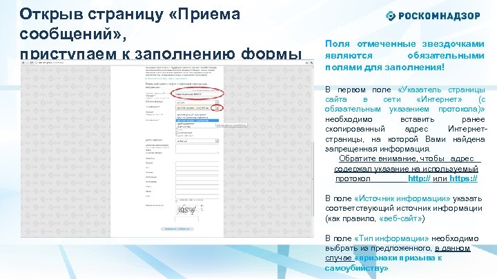 Открыв страницу «Приема сообщений» , приступаем к заполнению формы Поля отмеченные звездочками являются обязательными