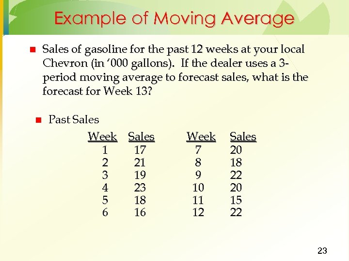 Example of Moving Average n n Sales of gasoline for the past 12 weeks