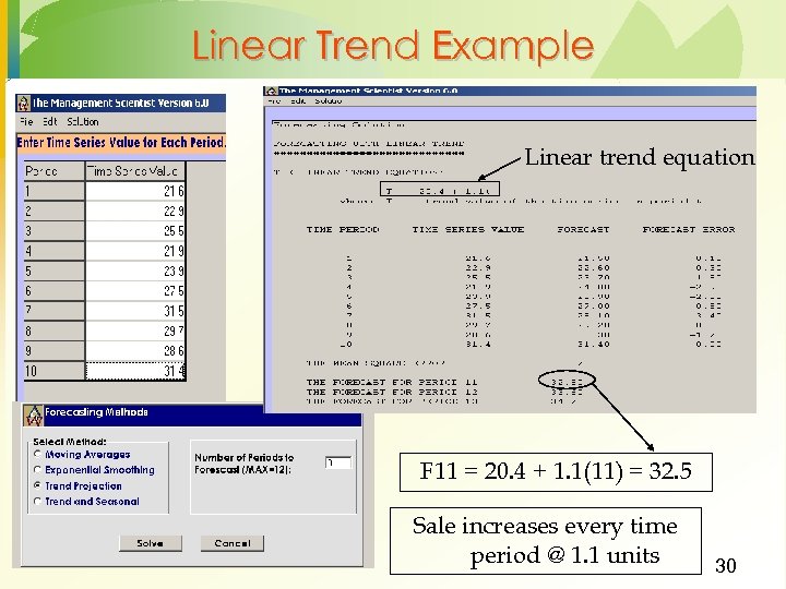 Linear Trend Example Linear trend equation F 11 = 20. 4 + 1. 1(11)