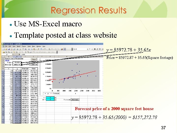 Regression Results Use MS-Excel macro · Template posted at class website · y =