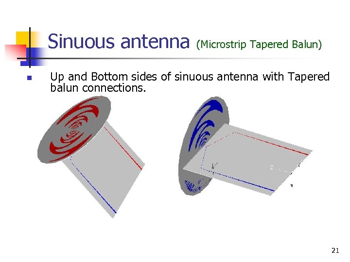 Sinuous antenna n (Microstrip Tapered Balun) Up and Bottom sides of sinuous antenna with