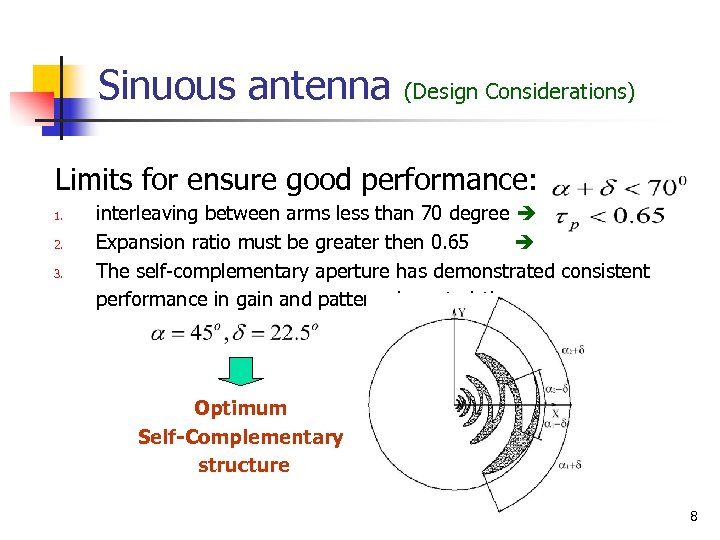 Sinuous antenna (Design Considerations) Limits for ensure good performance: 1. 2. 3. interleaving between