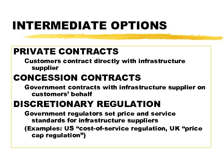 INTERMEDIATE OPTIONS PRIVATE CONTRACTS Customers contract directly with infrastructure supplier CONCESSION CONTRACTS Government contracts