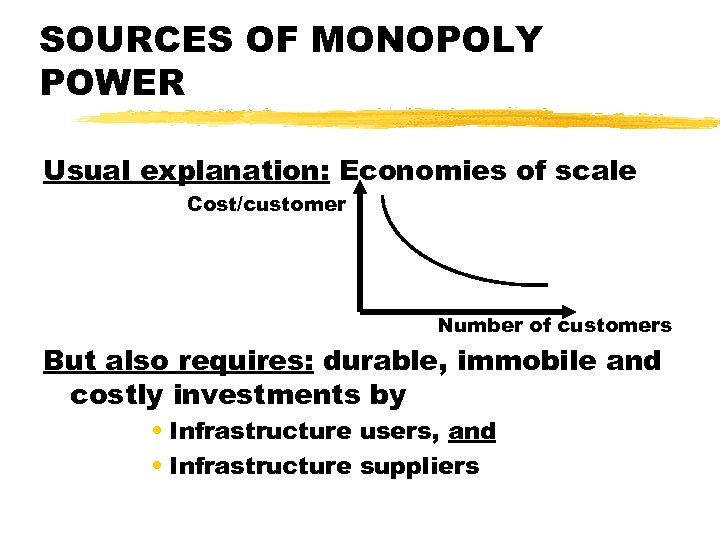 SOURCES OF MONOPOLY POWER Usual explanation: Economies of scale Cost/customer Number of customers But
