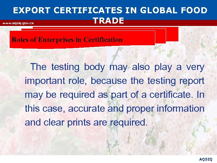 EXPORT CERTIFICATES IN GLOBAL FOOD TRADE www. aqsiq. gov. cn Roles of Enterprises in