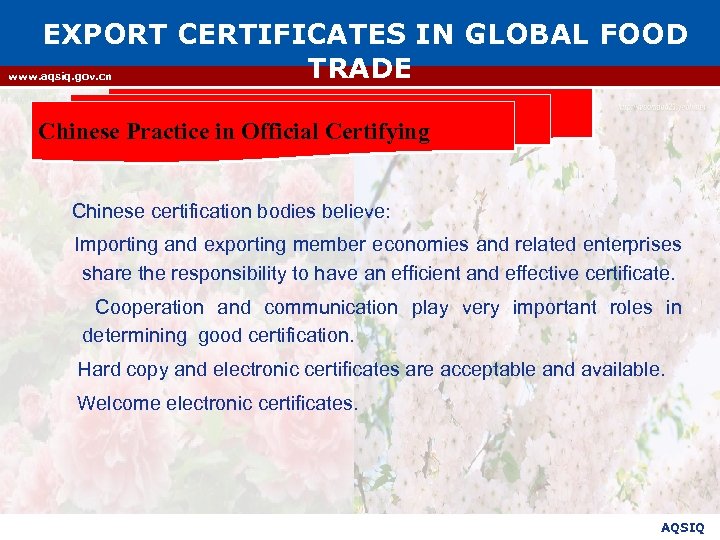 EXPORT CERTIFICATES IN GLOBAL FOOD TRADE www. aqsiq. gov. cn Chinese Practice in Official