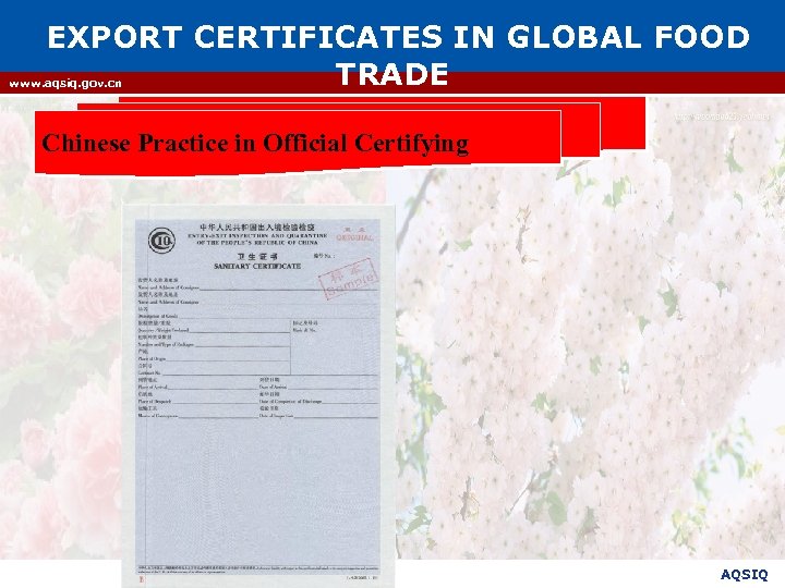 EXPORT CERTIFICATES IN GLOBAL FOOD TRADE www. aqsiq. gov. cn Chinese Practice in Official