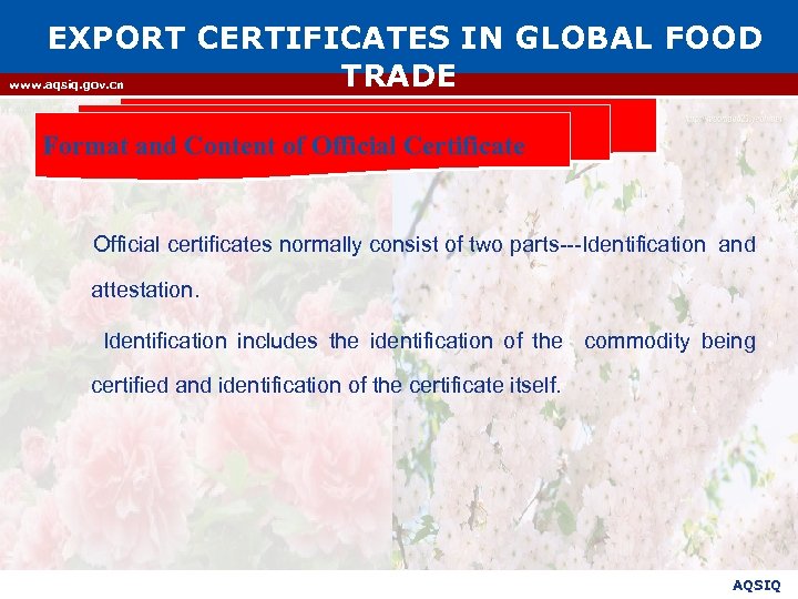 EXPORT CERTIFICATES IN GLOBAL FOOD TRADE www. aqsiq. gov. cn Format and Content of