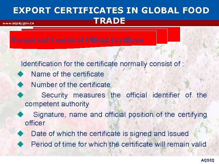 EXPORT CERTIFICATES IN GLOBAL FOOD TRADE www. aqsiq. gov. cn Format and Content of