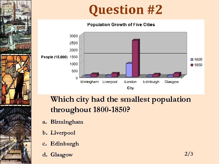 Question #2 Which city had the smallest population throughout 1800 -1850? a. Birmingham b.