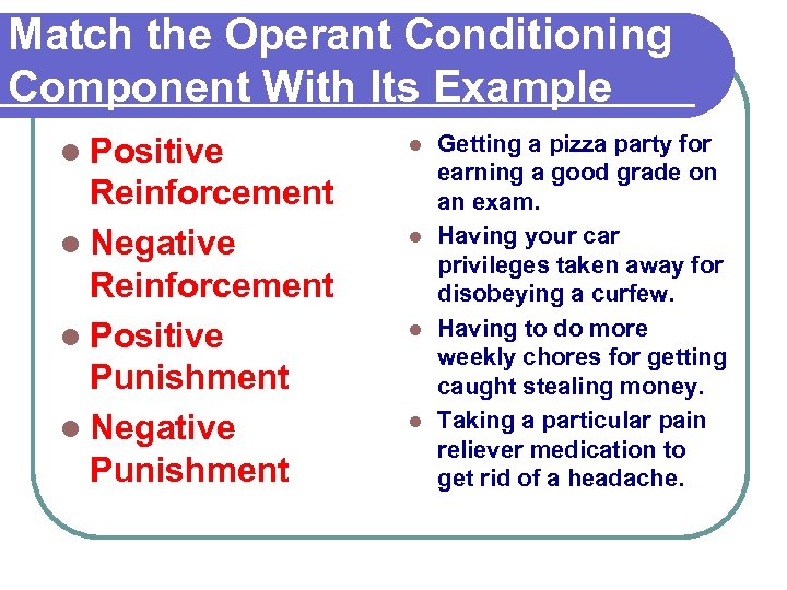 Match the Operant Conditioning Component With Its Example l Positive Reinforcement l Negative Reinforcement