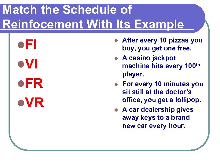 Match the Schedule of Reinfocement With Its Example l. FI l. VI l. FR