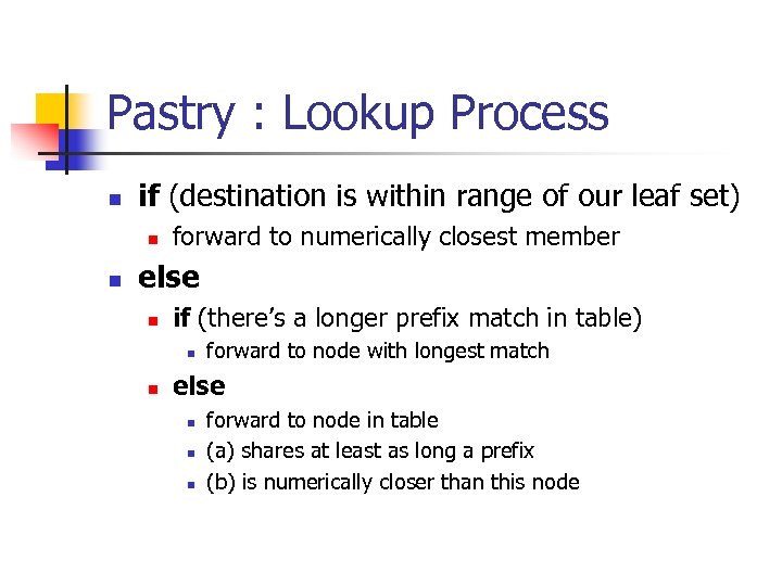 Pastry : Lookup Process n if (destination is within range of our leaf set)