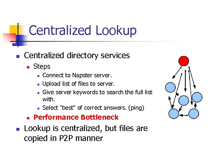 Centralized Lookup n Centralized directory services n Steps n n n Connect to Napster