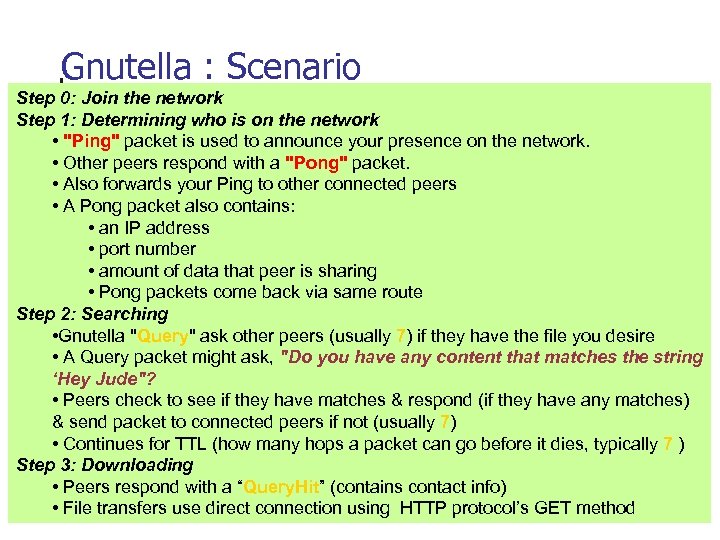 Gnutella : Scenario Step 0: Join the network Step 1: Determining who is on