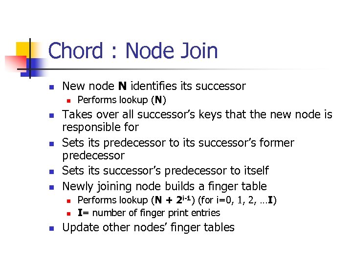 Chord : Node Join n New node N identifies its successor n n n