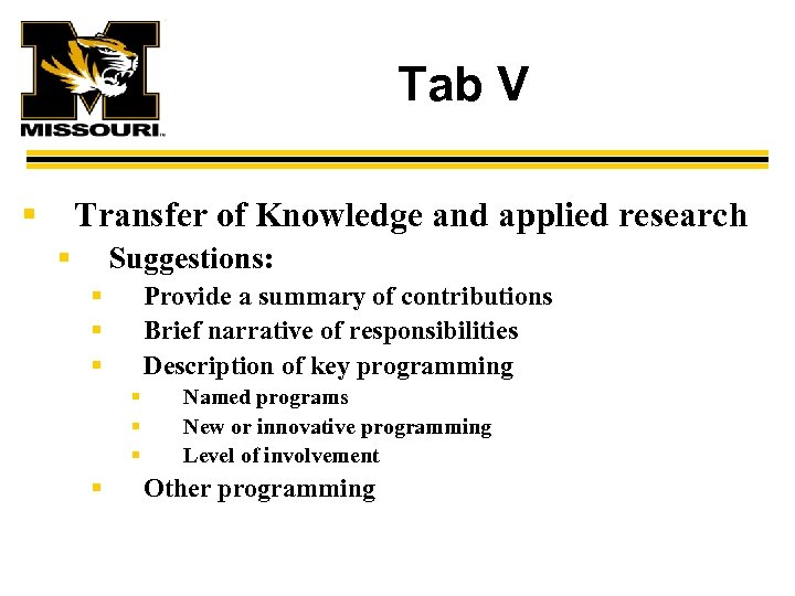 Tab V § Transfer of Knowledge and applied research § Suggestions: § § §